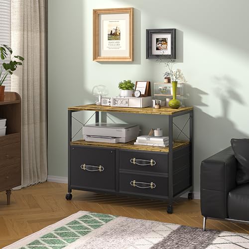 Black 3 Drawer Rolling Printer Stand with Fabric Storage Shelf V921