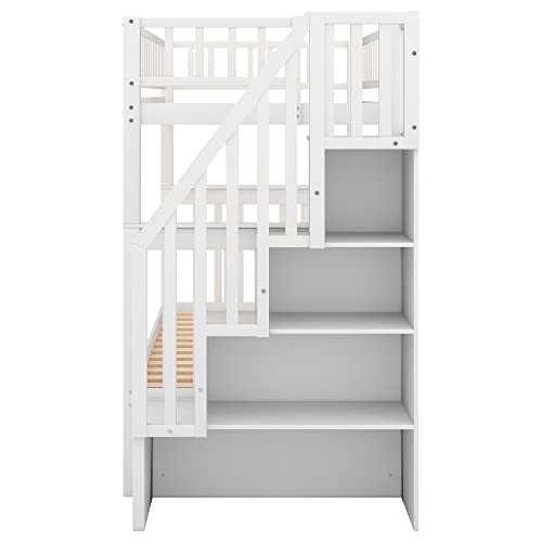 White Solid Wood Twin-Over-Twin Bunk Bed with Trundle A82800