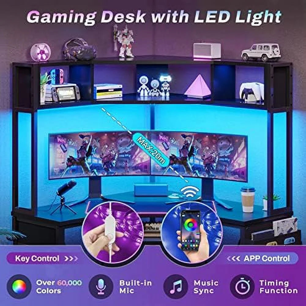 Rust Corner Desk with Hutch & LED Lights P519