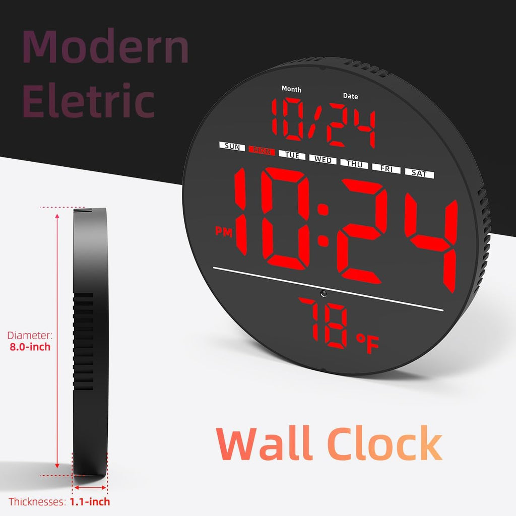 Digital Wall Clock with Large LED Display, Auto-Brightness, Temperature, Small Silent Non-Ticking Electric Wall Clock Y142