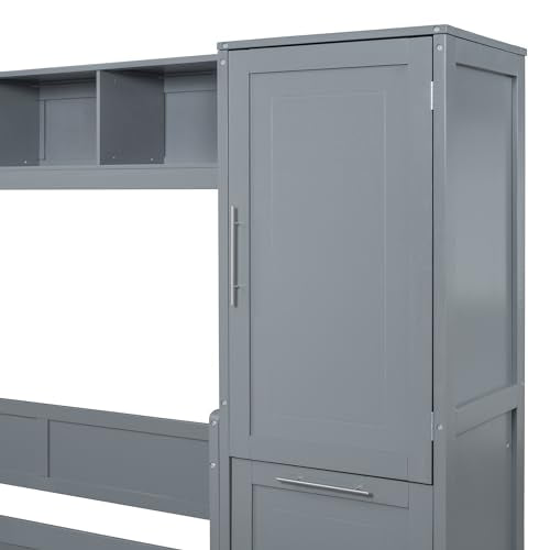 Gray Queen Size Murphy Bed with Desk Wardrobe Storage Shelf J158