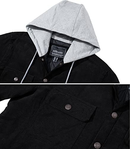 Men's Corduroy Quilted Lined Padded Hoodies Cotton 5 Pockets Hooded Button Down Jackets & Coats Z8539