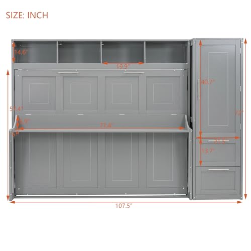 Gray Queen Size Murphy Bed with Desk Wardrobe Storage Shelf J158
