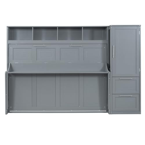 Gray Queen Size Murphy Bed with Desk Wardrobe Storage Shelf J158