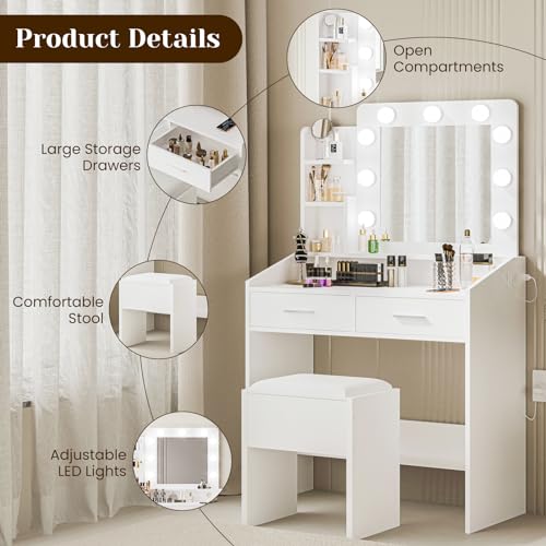 Black Vanity Desk with Mirror and Lights, 2 Drawers, Cushioned Stool P3689