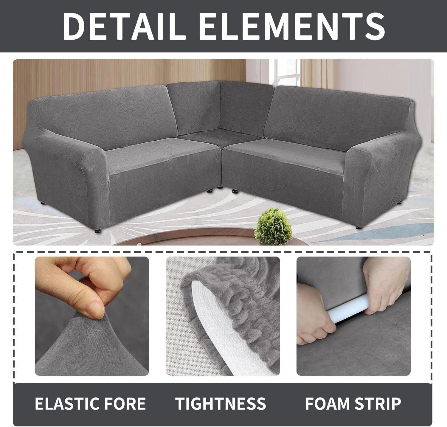 3-Piece L Shape Velvet Sectional Couch Cover, Grey B952