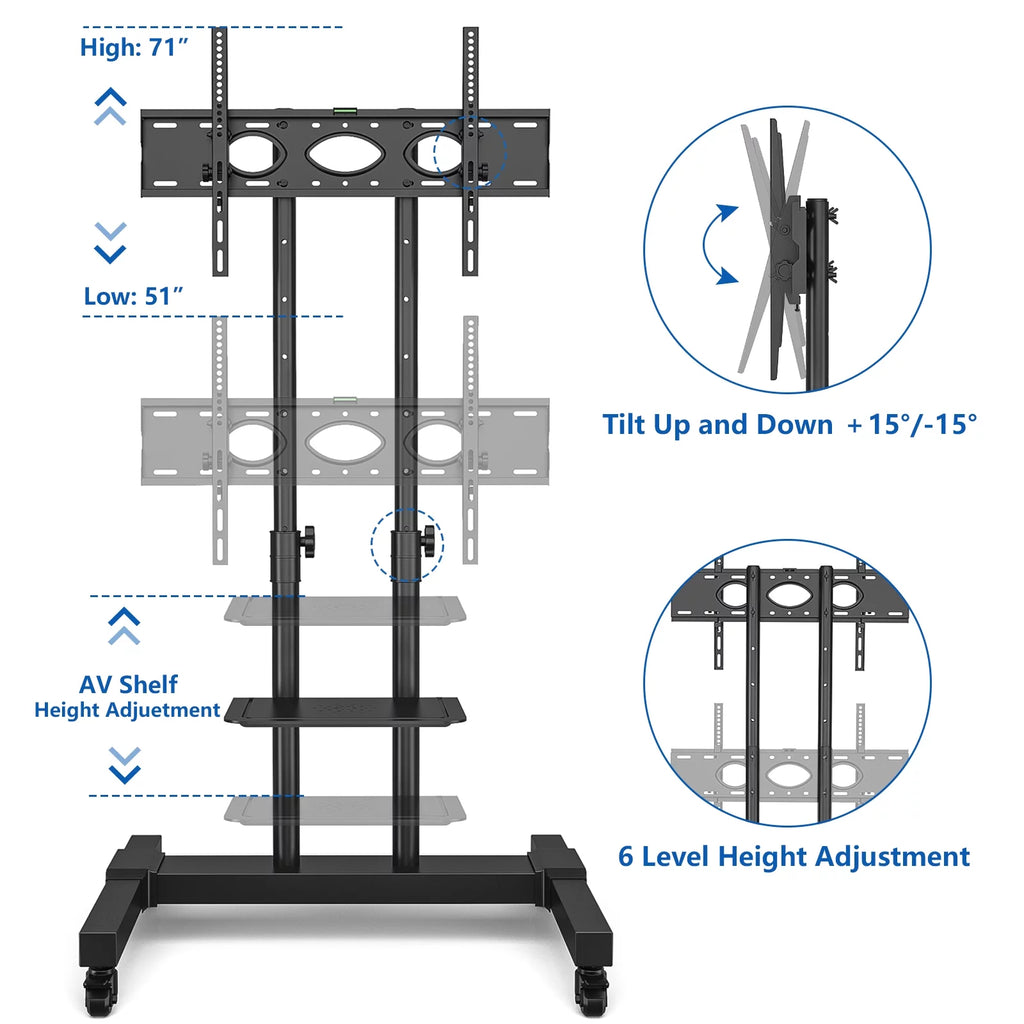 Black Heavy Duty Rolling TV Cart for TVs up to 75 inch O638396