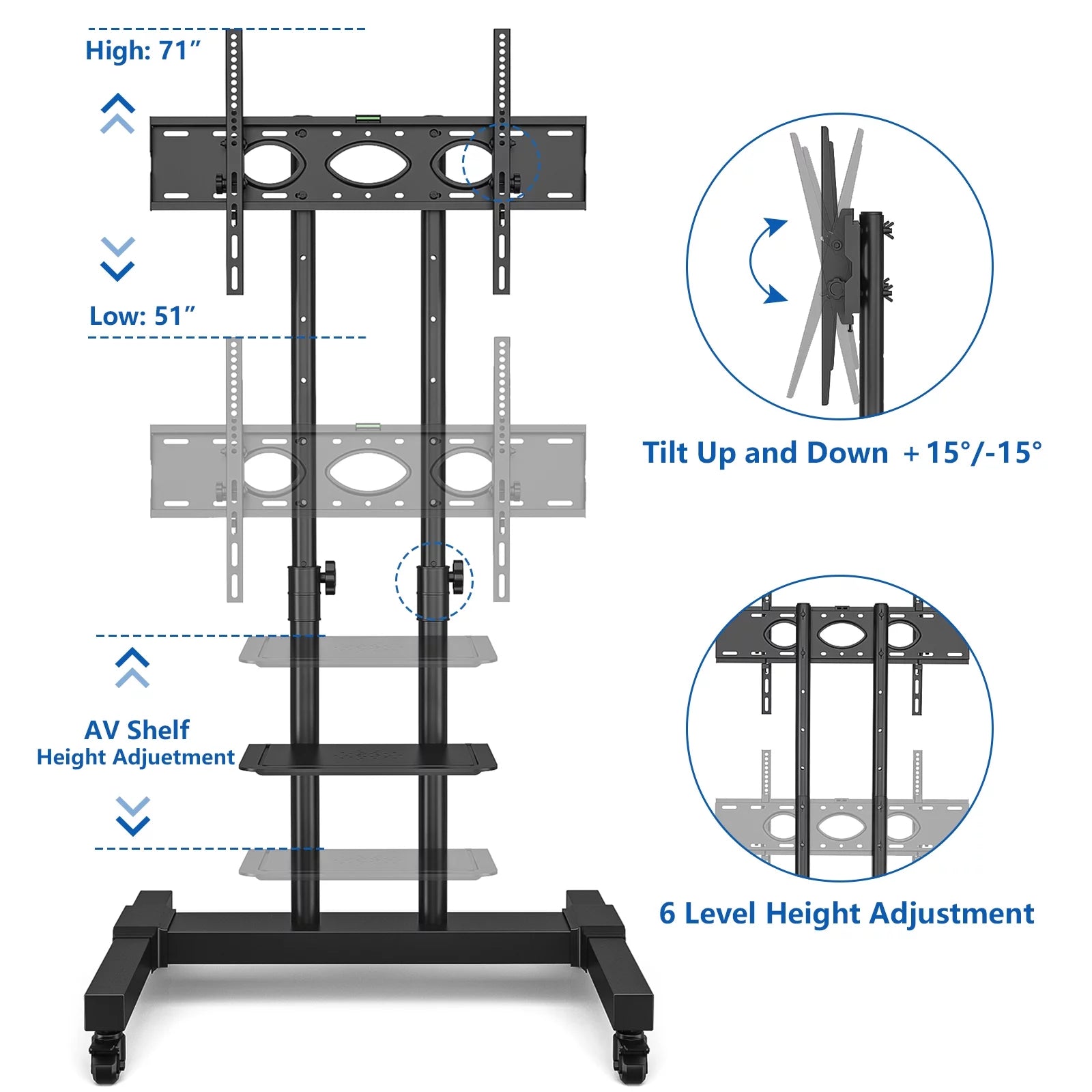 Black Heavy Duty Rolling TV Cart for TVs up to 75 inch O638396