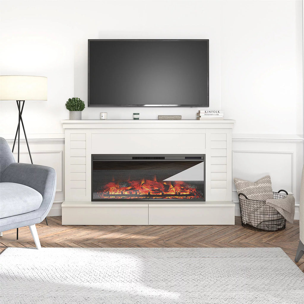 White Wide Shiplap Mantel with Linear Electric Fireplace and Storage Drawers W63512