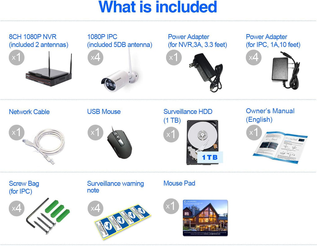 8CH 1080P Wireless Security Camera System with 10.1 Monitor, 4pcs 2MP Night Vision Camera, 1TB Hard Drive D822388