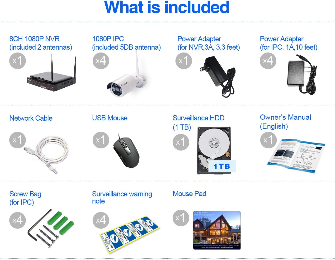 8CH 1080P Wireless Security Camera System with 10.1 Monitor, 4pcs 2MP Night Vision Camera, 1TB Hard Drive D822388