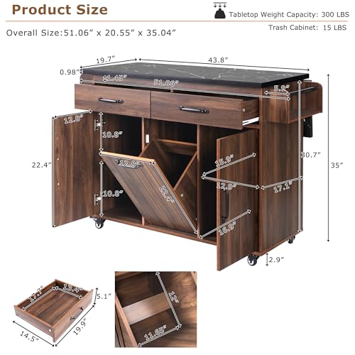 Kitchen Island Cart with Trash Can Storage, Drop Leaf, Drawers, Adjustable Shelves, Lockable Wheels A72321