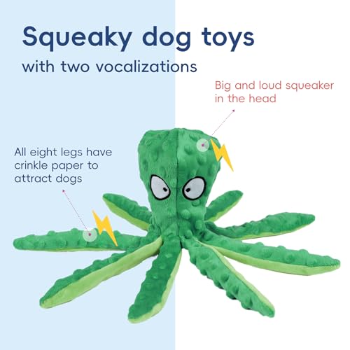 2 Pack Squeaky Octopus Plush Dog Toys No Stuffing Crinkle Pet Toys (Green + Orange) P590633