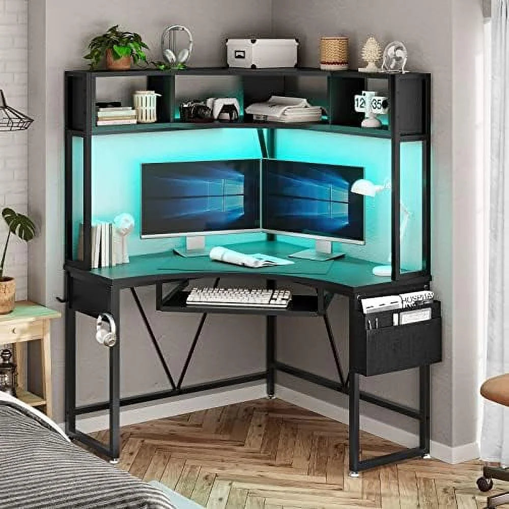 Rust Corner Desk with Hutch & LED Lights P519