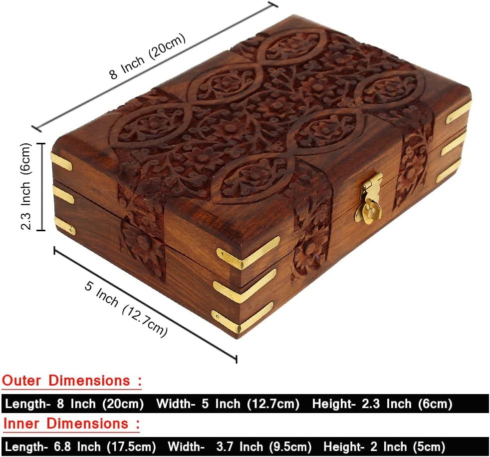 Hand Carved Wooden Storage Organiser Jewellery Box 20x12.5x6.5 CM V736029