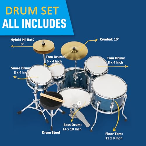 5-Piece Junior Drums Set with Throne Stool, Pedal & Drumsticks (Black) D817