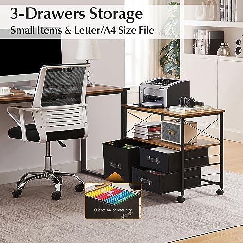 Black 3 Drawer Rolling Printer Stand with Fabric Storage Shelf V921