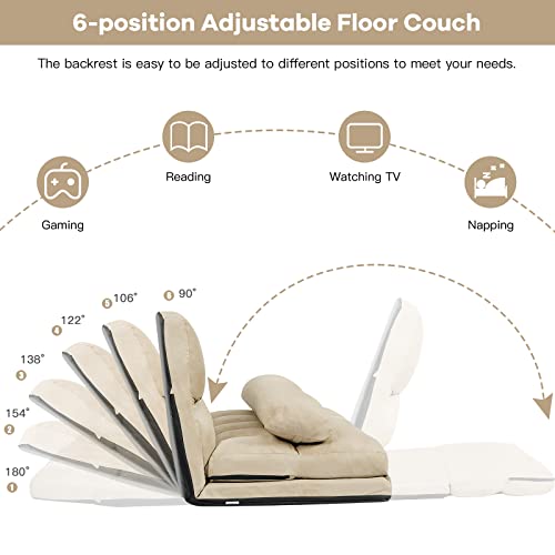 Blue Floor Sofa with 2 Pillows, Foldable 6-Position Adjustable Metal Frame Suede Fabric M76503