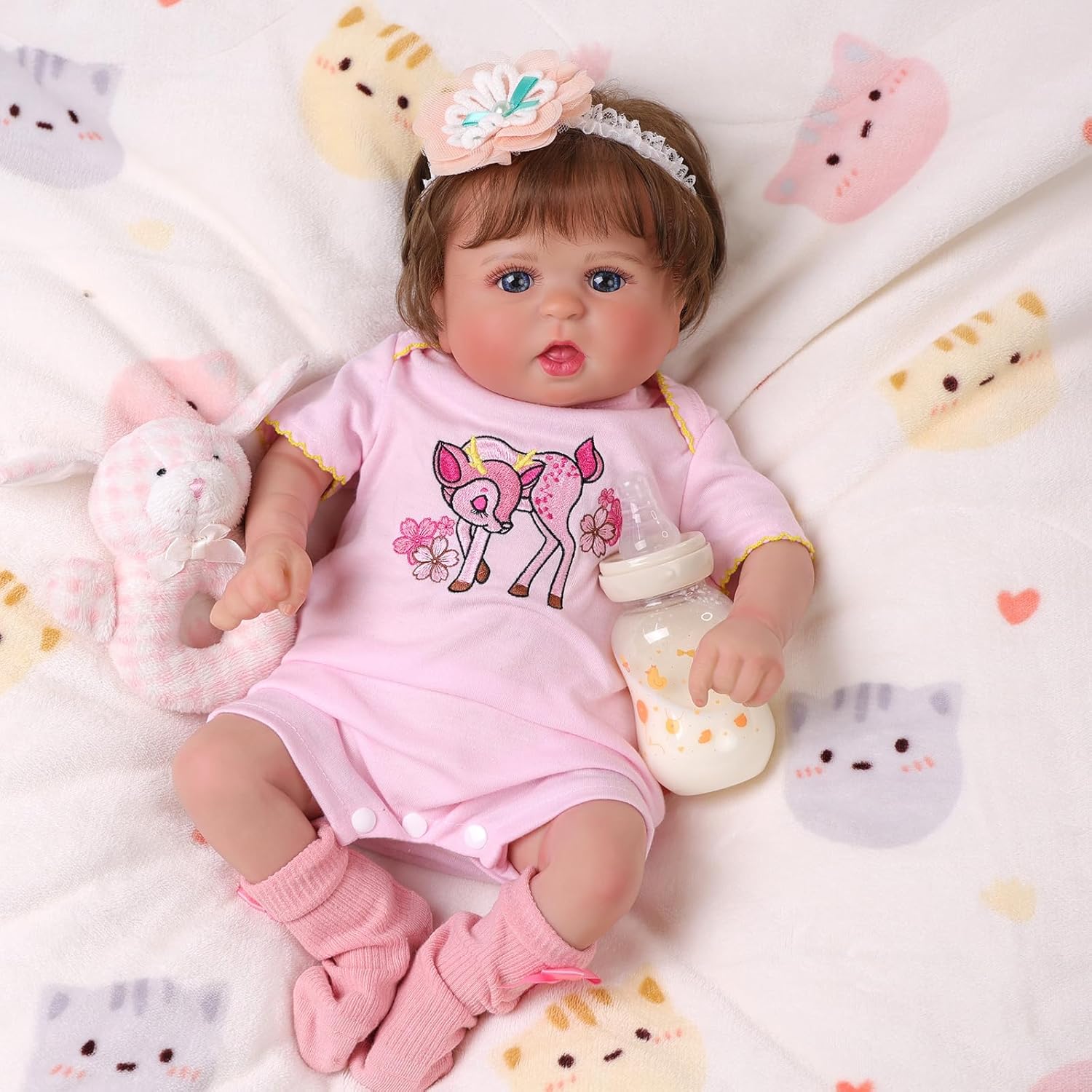 20 Inch Cloth Body Hand-Rooted Brown Hair Blue Eyes Poseable Reborn Baby Doll O4531