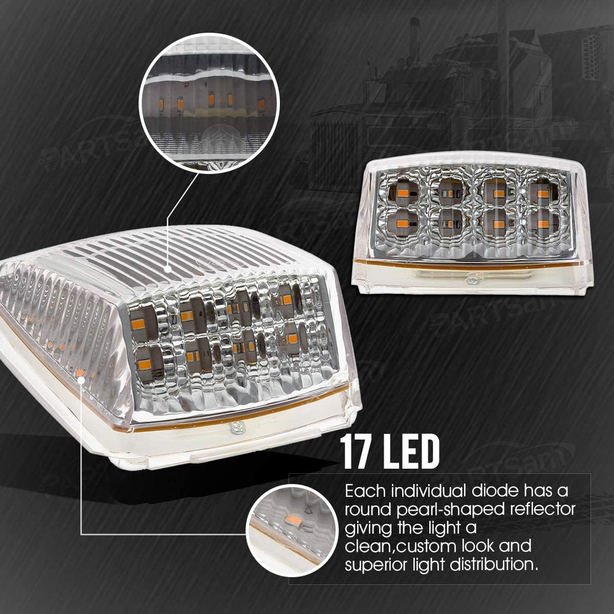10x 6.5" LED Marker Light 16LED Clear/Amber Chrome & 5pcs 17 LED Clear Lens 53.75" Amber Cab Marker Roof Running Truck Cab Light Z9065