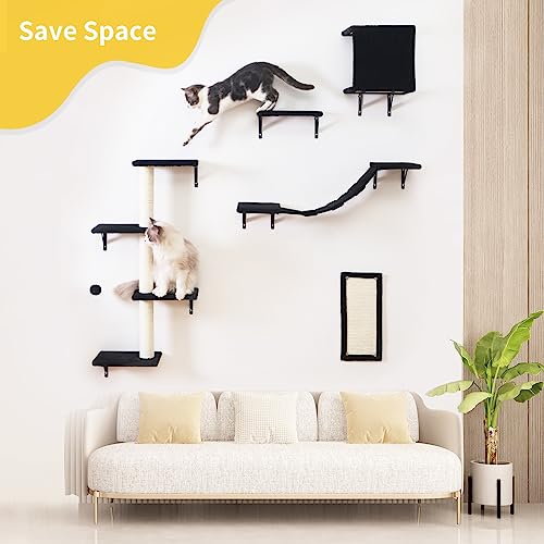 5pcs Wooden Cat Wall Shelves with House, Bridge, Tree, Steps, and Scratcher (Black) K987