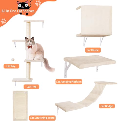 5pcs Wooden Cat Wall Shelves with House, Bridge, Tree, Steps, and Scratcher (Black) K987