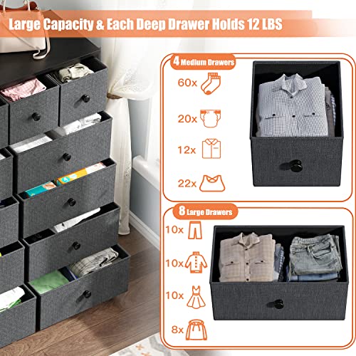 12 Drawer Fabric Dresser with Metal Frame, Wood Top, Light Grey Q1816