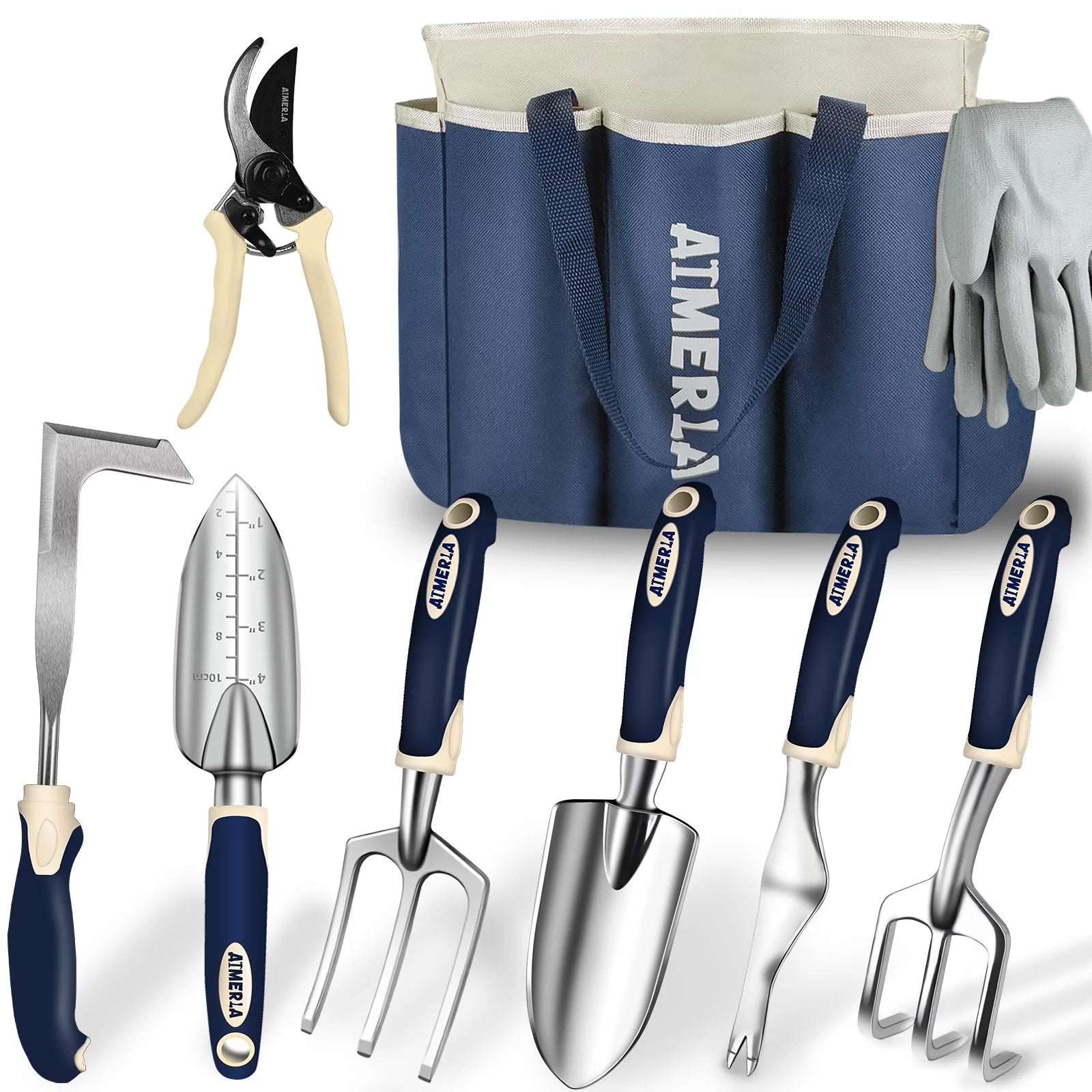 Set of 9 Heavy Duty Garden Tools with Non-Slip Rubber Grip and Large Garden Bag I80444
