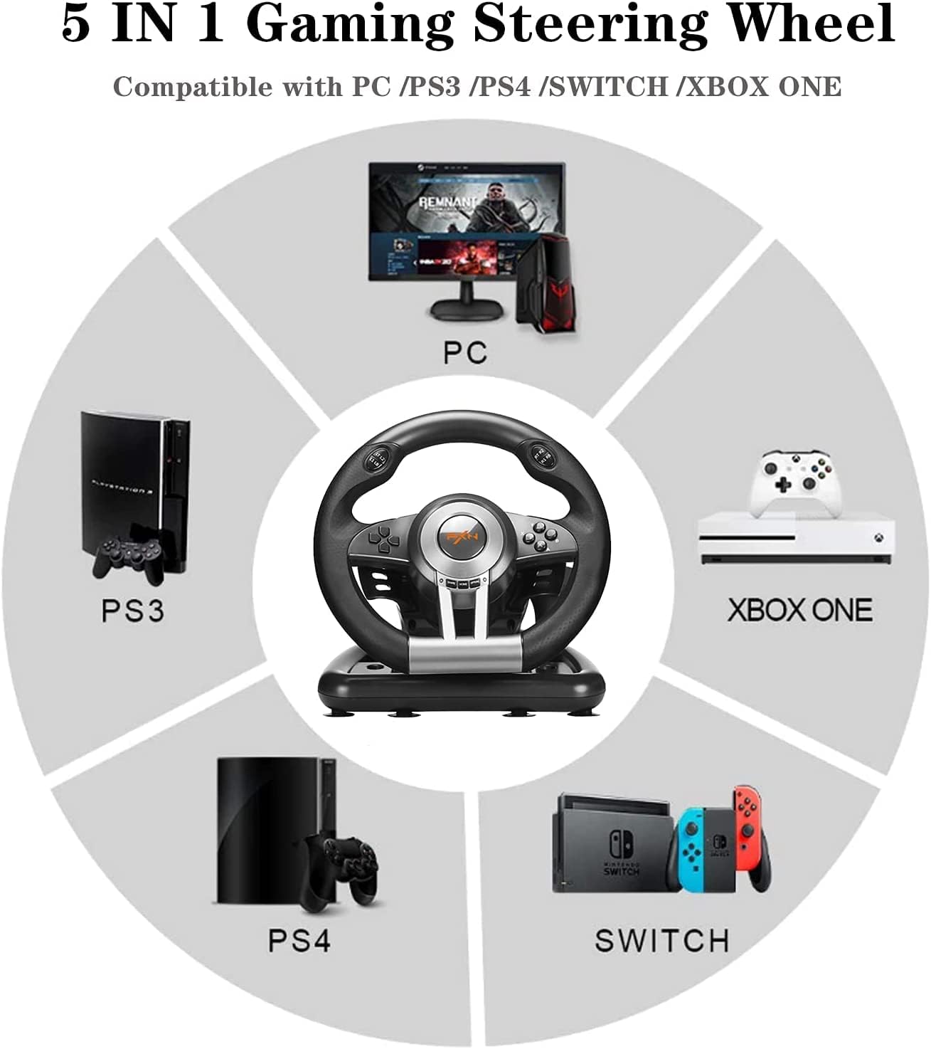 Gaming Steering Wheel with Pedal 180 Degree for PC, PS3, PS4, Xbox One, Xbox Series X/S, N-Switch (Black) W785