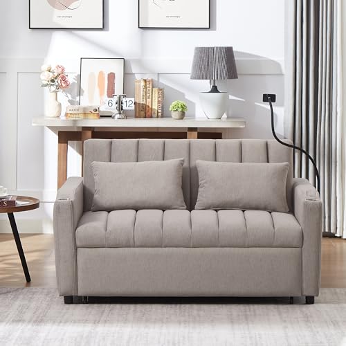 Beige 3 in 1 Convertible Single Sofa Bed Lounger Chair with Pillow and Adjustable Backrest C43341