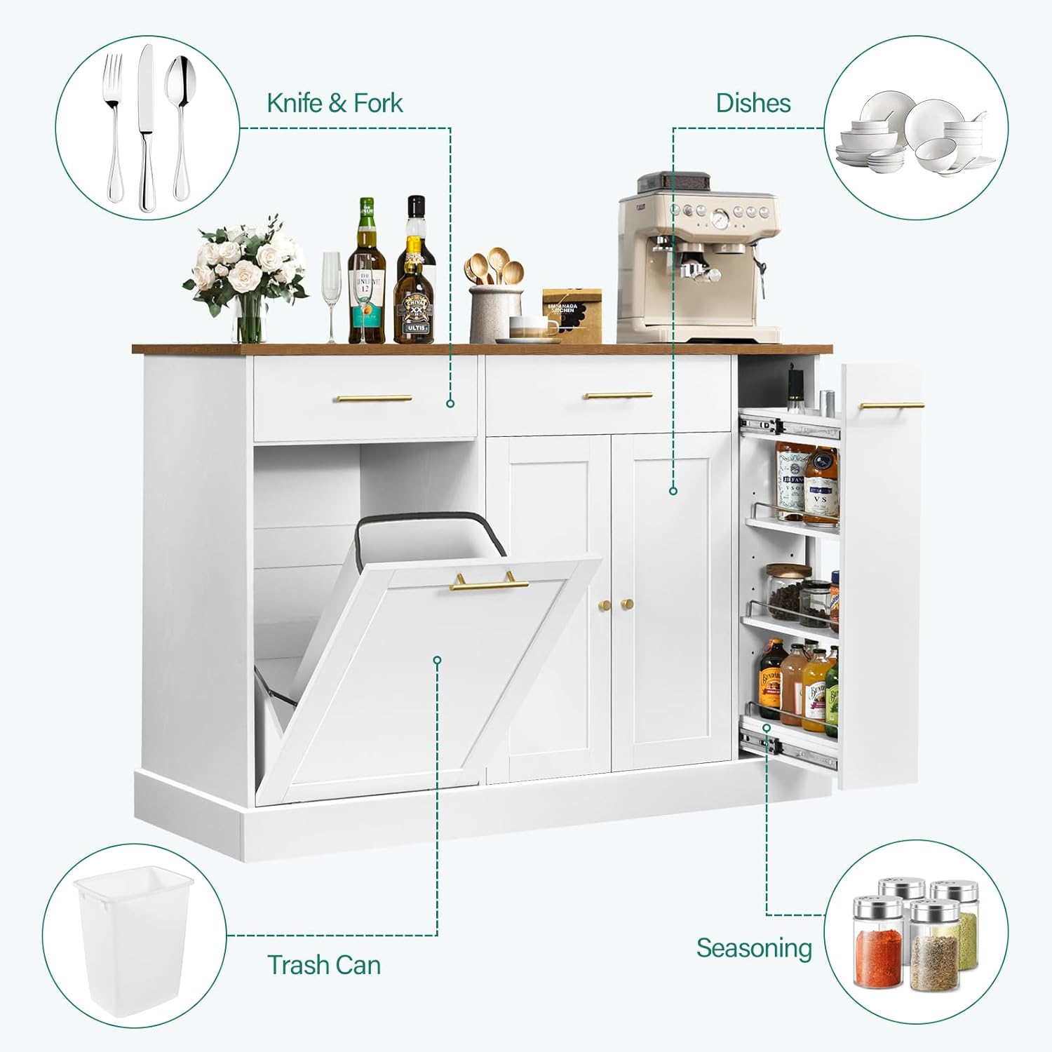 White Rolling Kitchen Island with Pull Out Spice Rack and Trash Can Cabinet R40078