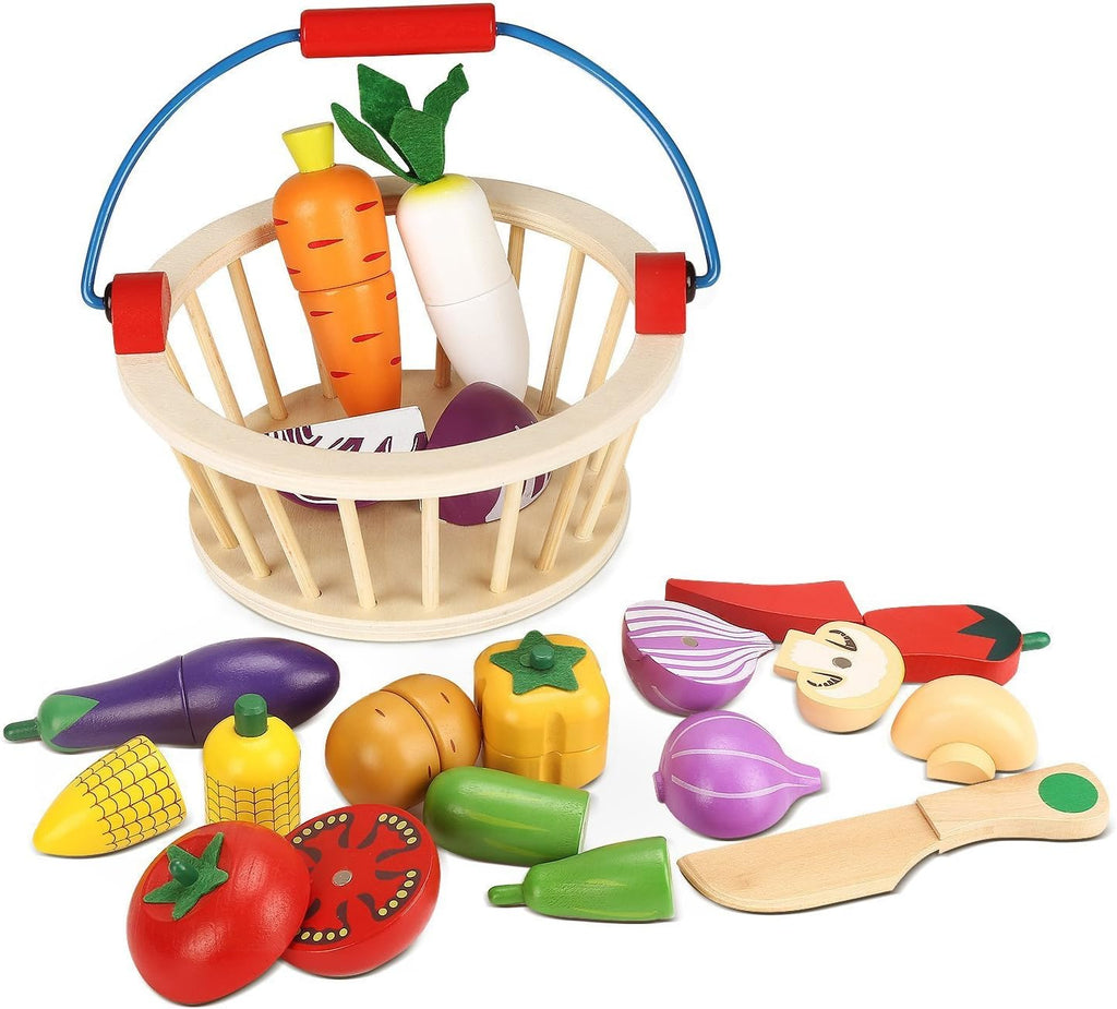 Magnetic Wooden Cutting Food Play Toy Set with Basket R501771