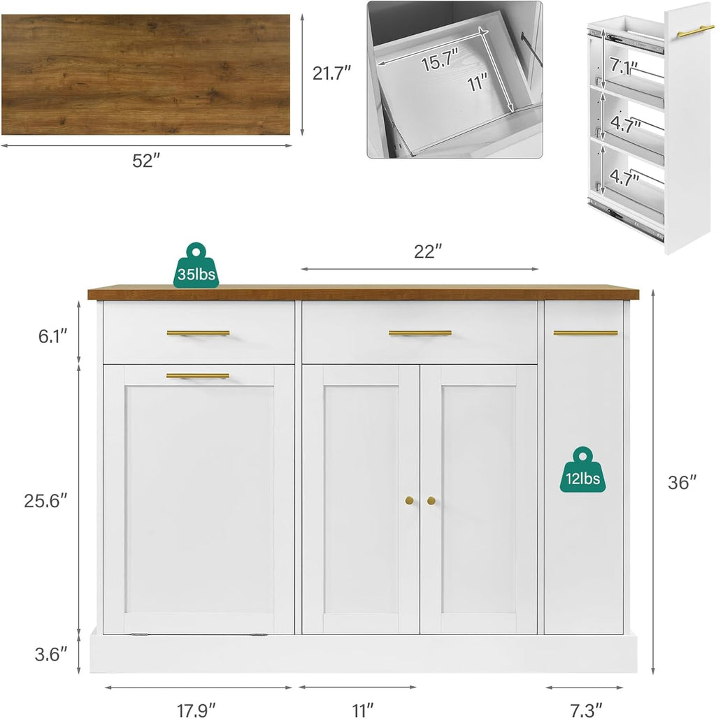 White Rolling Kitchen Island with Pull Out Spice Rack and Trash Can Cabinet R40078