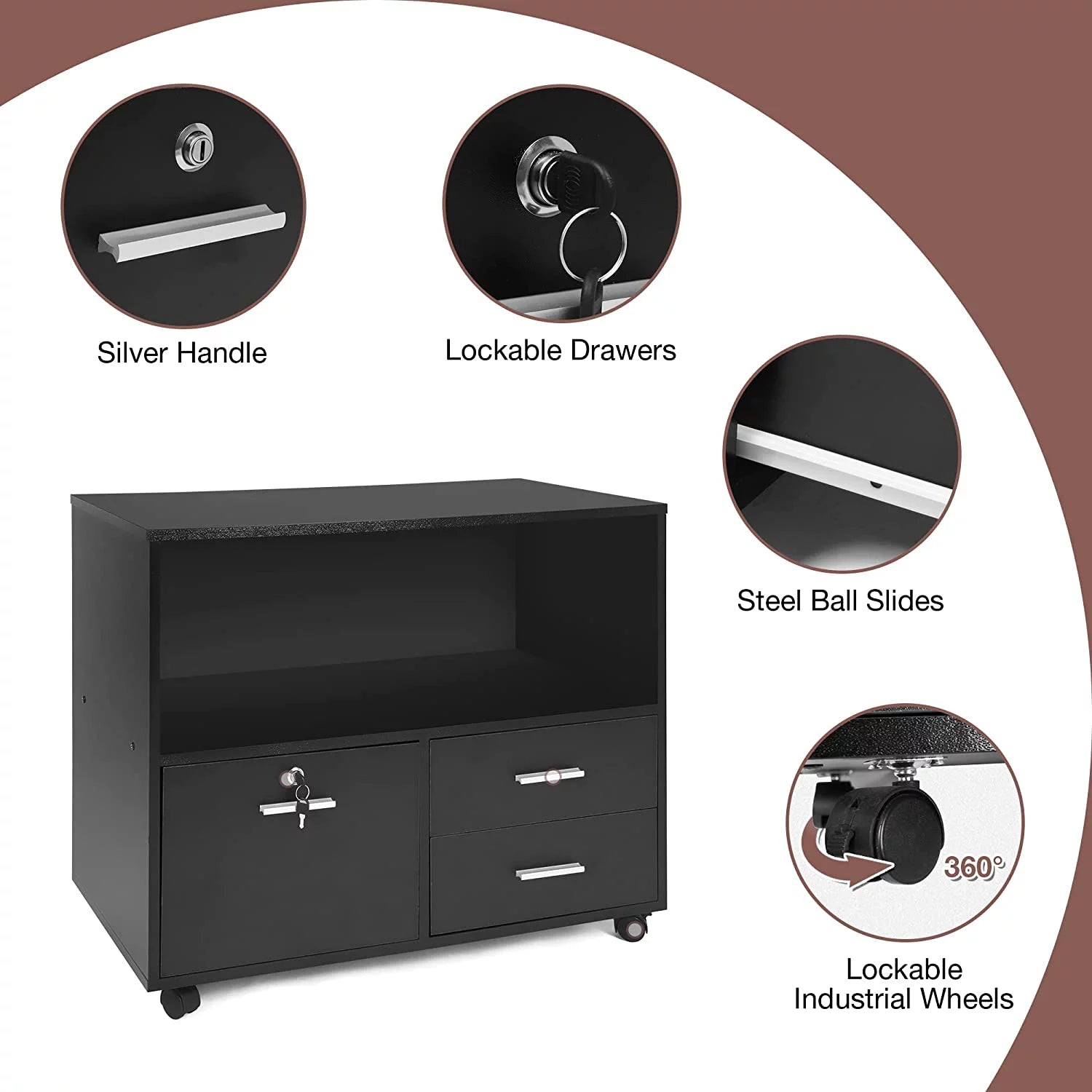 Black Wood 3 Drawer Mobile Lateral Filing Cabinet with Lock V987853