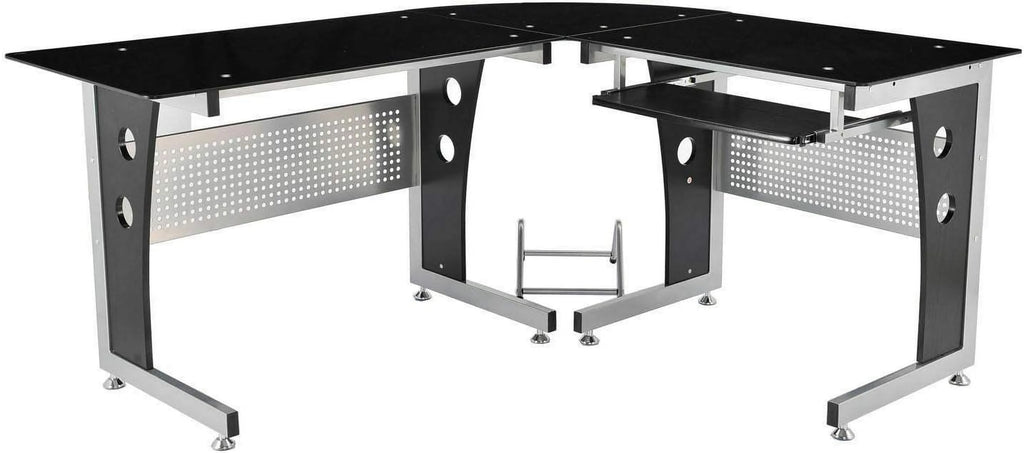 Black L-Shape Corner Tempered Glass Top Computer Desk with Keyboard Tray W377