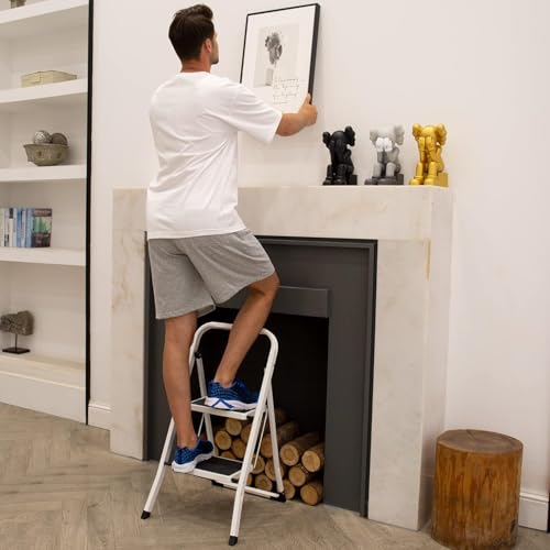 White 2 Step Folding Ladder with Handrails M1695