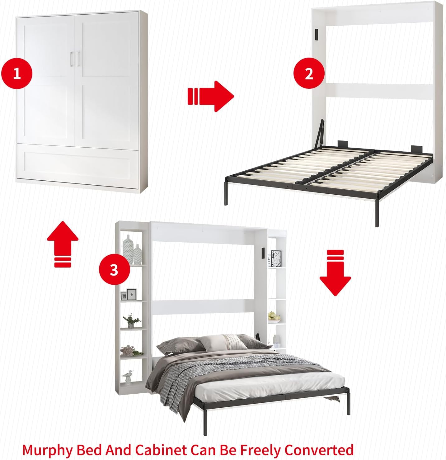 White Murphy Bed with Wardrobe, 2 Side Cabinet P665