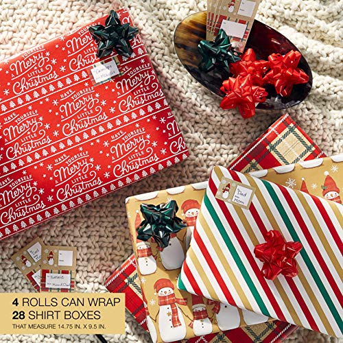 Christmas Wrapping Paper Set, Red and Tan Brown, 120 sq. ft., 4 rolls, 30 in. x 12 ft., 7 Adhesive Bows, 30 Gift Tag Stickers, Plaid, Stripes, and Snowmen X461