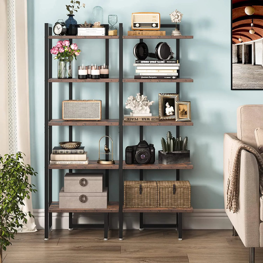 Rustic Brown 5 Tier Corner Bookshelf with Metal Frame Y67828