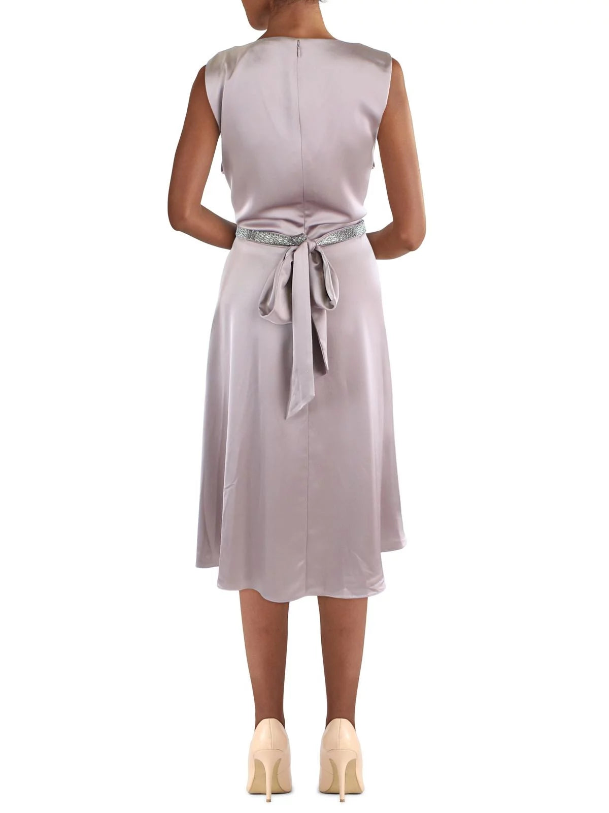 Purple Zippered Pleated Crystal-embellished Tie Belt Sleeveless Surplice Neckline Below The Knee Cocktail Fit + Flare Dress N55633