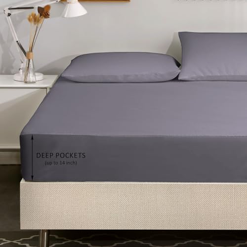 Queen Size 4 Piece Cooling Sheet Set with Deep Pocket Fitted Sheet, Dark Gray P6832