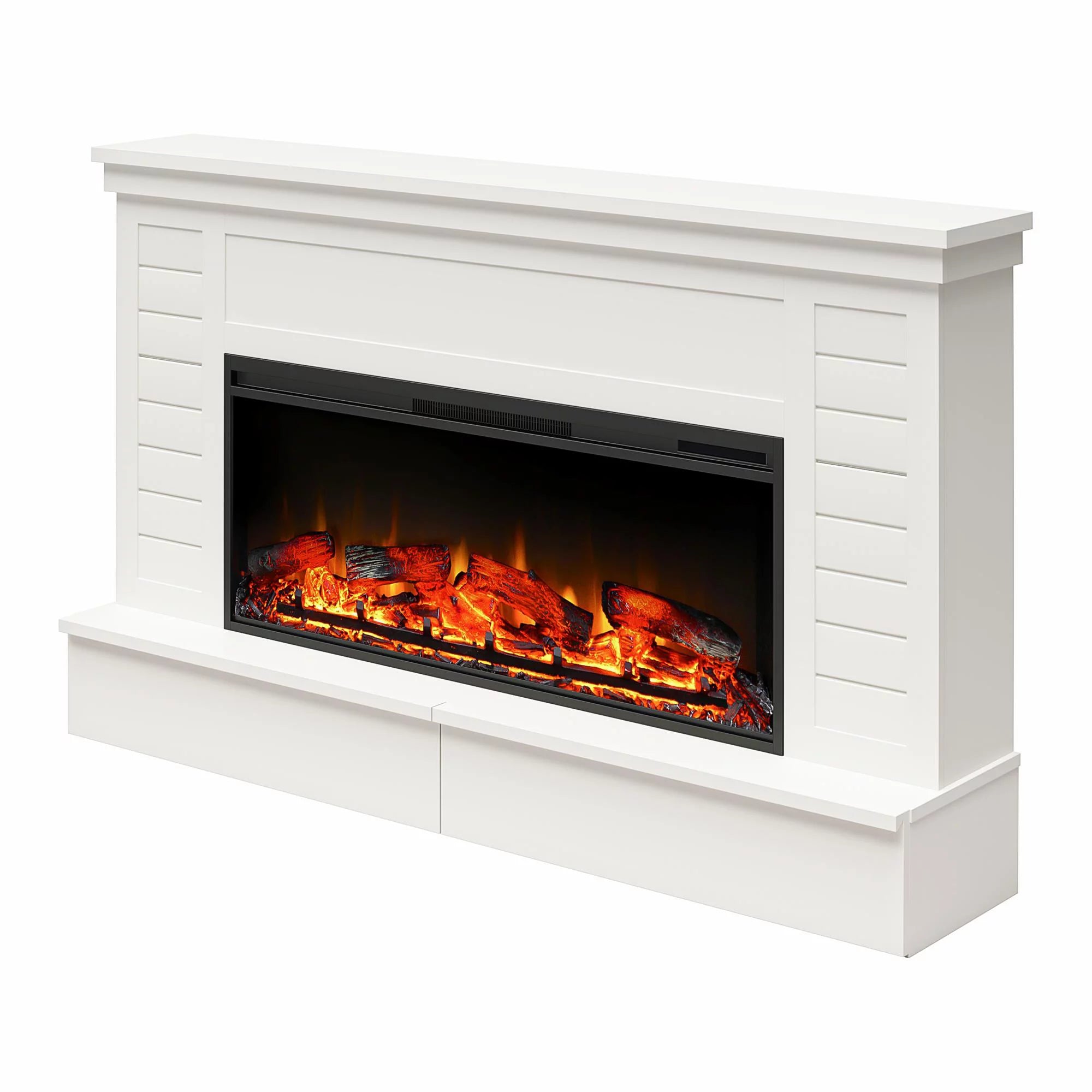 White Wide Shiplap Mantel with Linear Electric Fireplace and Storage Drawers W63512