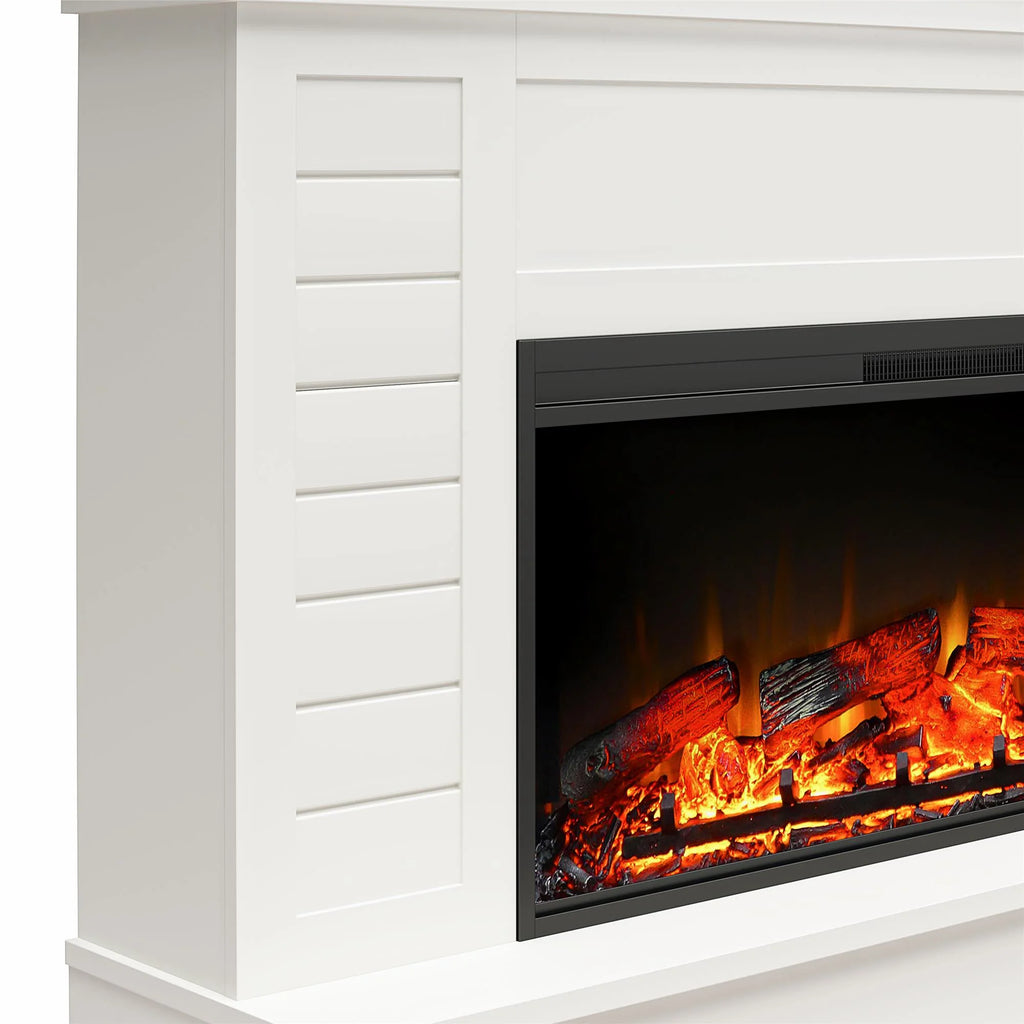 White Wide Shiplap Mantel with Linear Electric Fireplace and Storage Drawers W63512