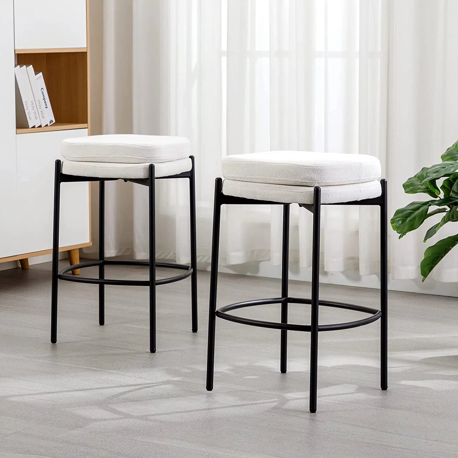 Cream White Boucle Fabric Bar Stools Set of 2 I48305