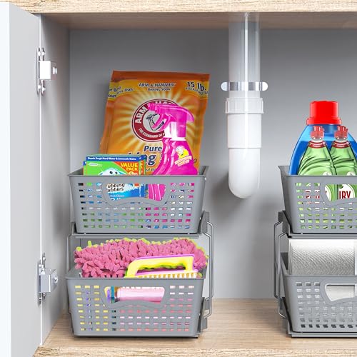 2 Tier Bathroom Organizer Tray Pull-Out Sliding Drawer Under-Sink Storage, Brown P22191