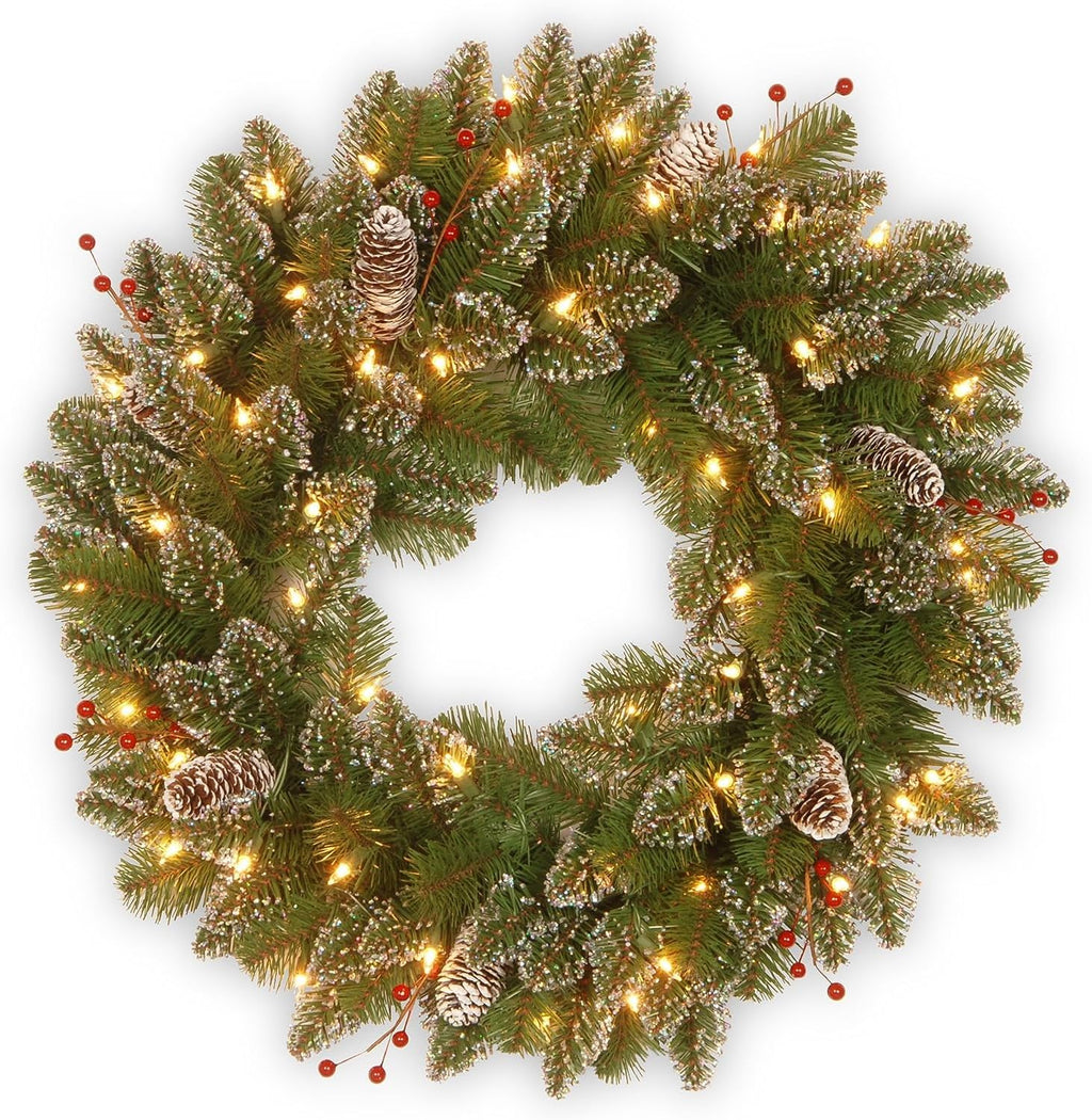 Pre-Lit Artificial Christmas Wreath, Green, White Lights, 24 Inches H41464