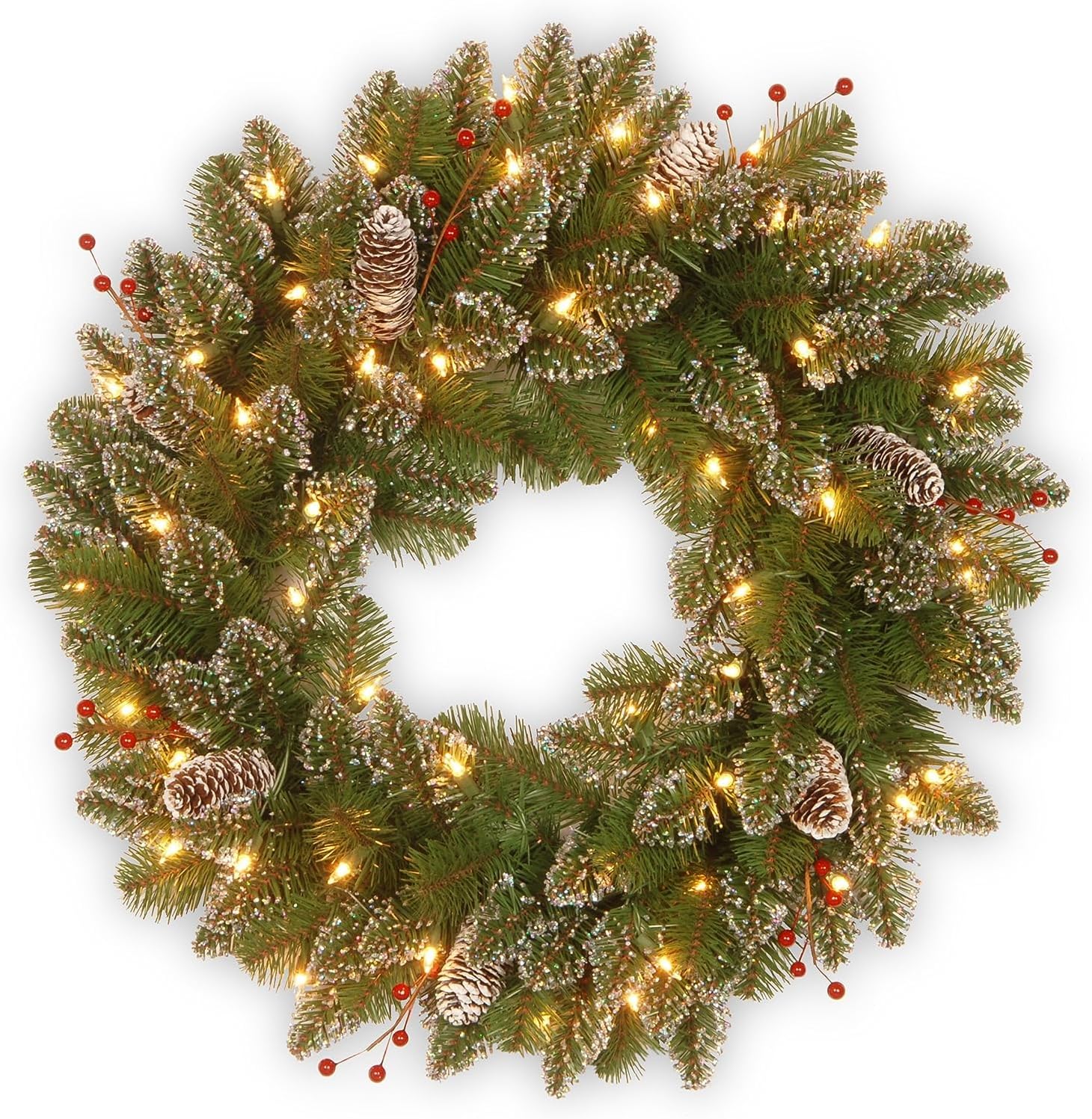 Pre-Lit Artificial Christmas Wreath, Green, White Lights, 24 Inches H41464