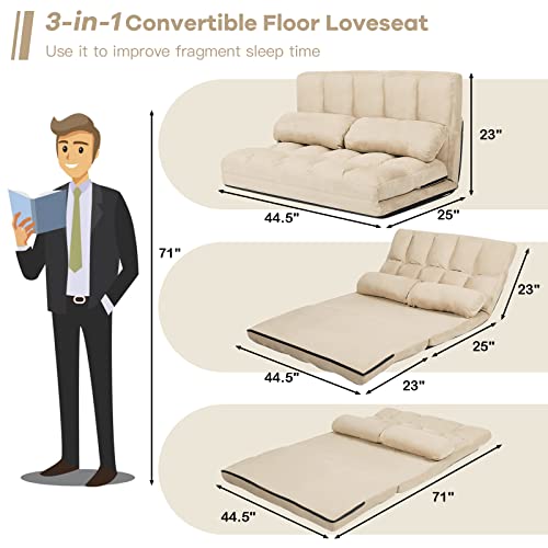 Blue Floor Sofa with 2 Pillows, Foldable 6-Position Adjustable Metal Frame Suede Fabric M76503