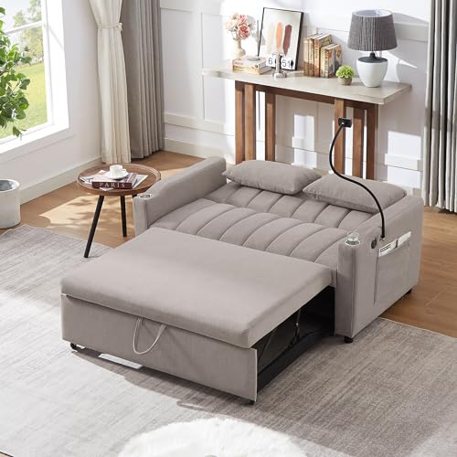 Beige 3 in 1 Convertible Single Sofa Bed Lounger Chair with Pillow and Adjustable Backrest C43341