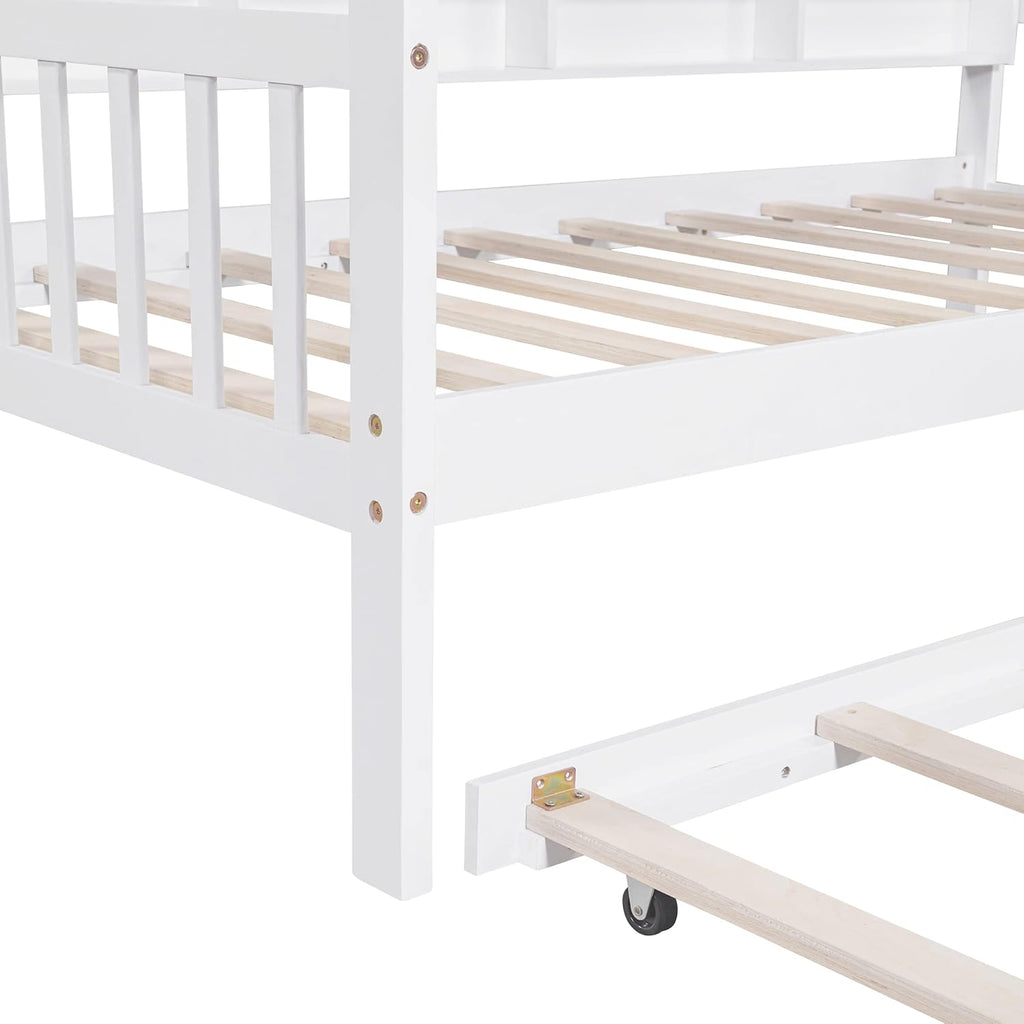 White Twin Size Wooden Platform Bed with Trundle and Storage Shelf E97842